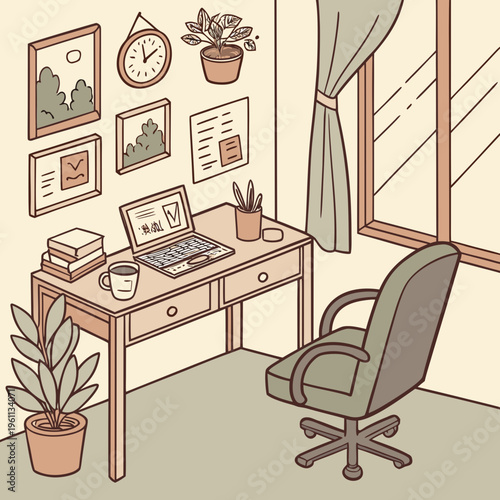 A home office with a desk and chair