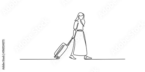 Continuous line drawing of a woman walking and pulling a suitcase on a white background.