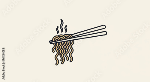 Stylized illustration of steaming noodles held by chopsticks