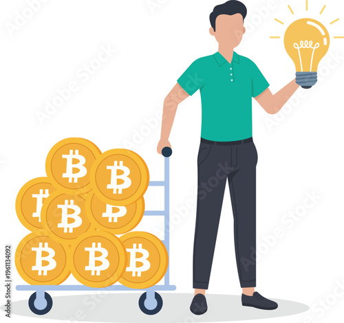 Man holding lightbulb and pushing trolley full of Bitcoin coins flat vector illustration.
