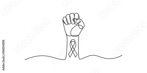 Continuous line drawing of a clenched fist with an awareness ribbon on the wrist for support and strength.