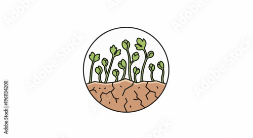 Stylized illustration of young green sprouts emerging from cracked soil