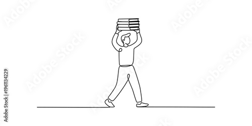 Continuous line drawing of a person walking while carrying a stack of books on their head.