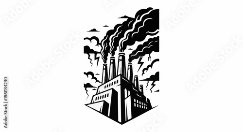 Stylized industrial factory with smoke stacks emitting dark clouds under stormy skies