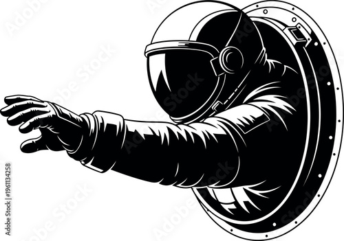 Astronaut wearing space suit with gloved hand reaching out isolated