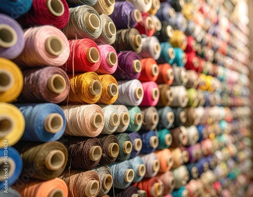 Multicolored thread spools stacked in a wall, close-up, perspective shot