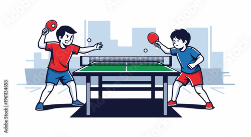 Two boys play table tennis indoors with city buildings in the background