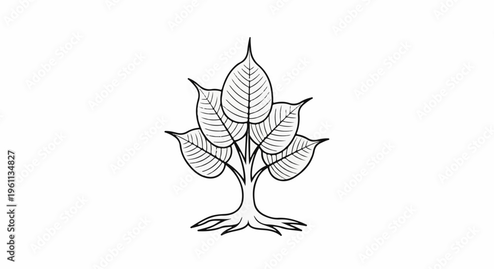 Fototapeta premium Stylized line art drawing of a tree with multiple leaves and roots