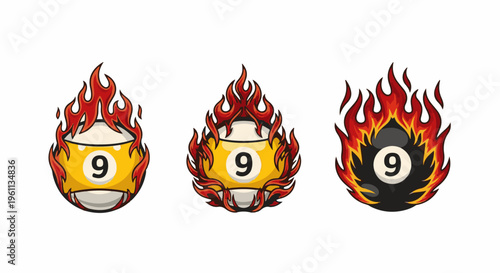 Three pool balls with the number nine on them engulfed in flames