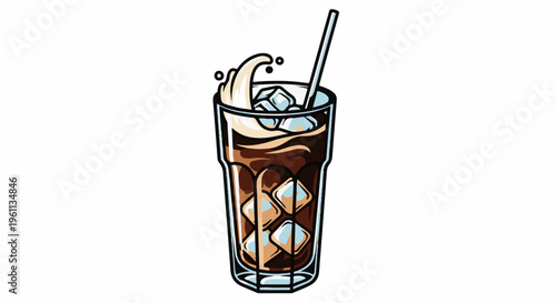 Tall glass of iced coffee with cream splash and straw