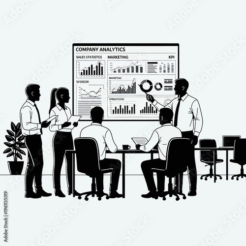 Business people discussing company data analysis.