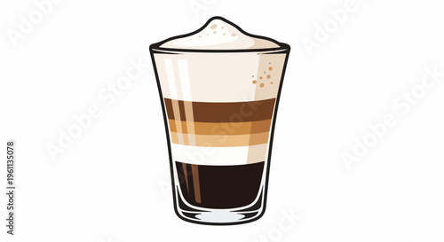 Tall glass with layered coffee drink topped with foamy milk