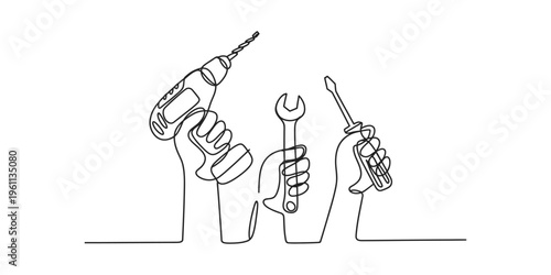 Continuous line drawing of hands holding various tools like a drill, wrench, and screwdriver
