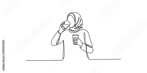 Continuous line drawing of a muslim woman wearing a hijab drinking water from a glass