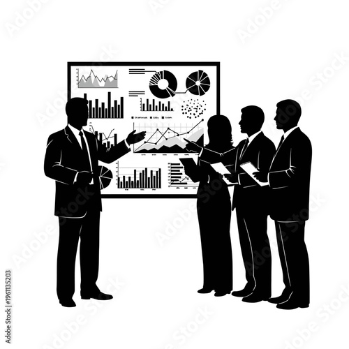 Business people discussing data charts graphs.