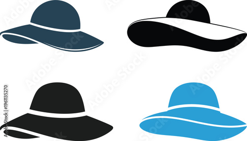Vector graphics of four distinctive hats in different colors, summer, spring vacation
