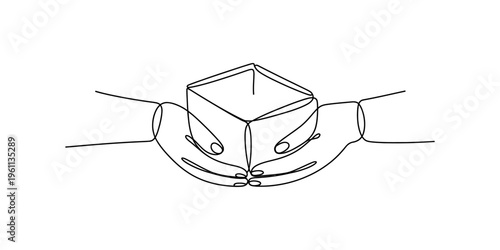 Continuous line drawing of hands holding an open cardboard box for delivery and storage.