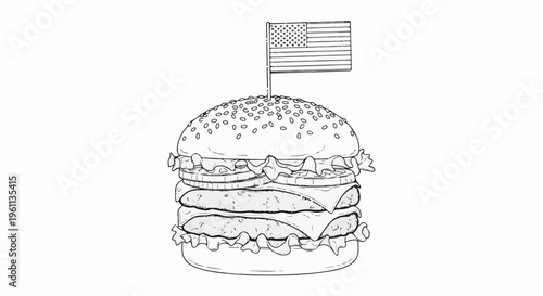 Tall layered burger with lettuce, cheese, and a patriotic flag on top