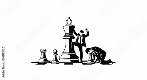 Two businessmen playing chess with one victor standing on king