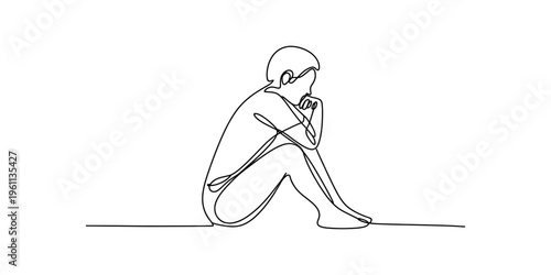 Minimalist continuous line art of a person sitting in a pensive and lonely pose on a white background.