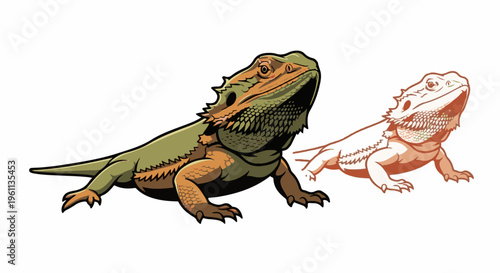 Two cartoon bearded dragons, one fully colored and detailed, the other a light sketch