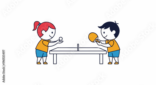 Two cartoon children playing ping pong at a table