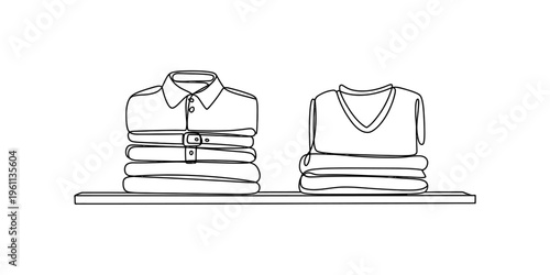 Continuous line drawing of folded clothes on a shelf featuring a collared shirt and a sweater.
