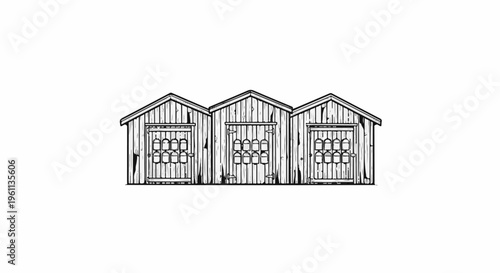 Three rustic wooden sheds with doors and windows displaying hanging items