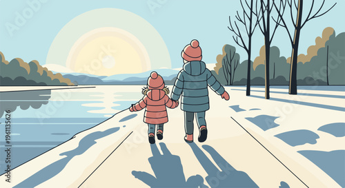 Two children in winter coats walk hand-in-hand by a frozen lake at sunrise