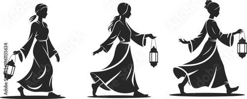 Muslim woman silhouette set carrying traditional lantern walking gracefully for Ramadan Kareem Eid Mubarak and Islamic cultural celebration greeting design.