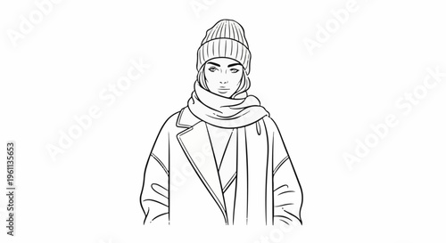 Stylized line art portrait of a person in winter attire