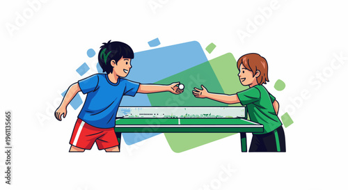 Two children play ping pong, one serves the ball to the other