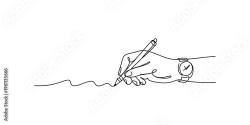 Continuous line drawing of a hand holding a pen and writing on a white background.