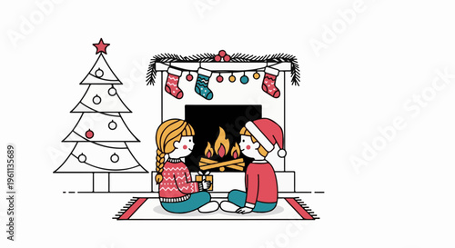 Two children sit by a fireplace and Christmas tree with gifts
