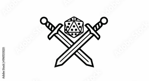 Two crossed swords with a twenty-sided die behind them