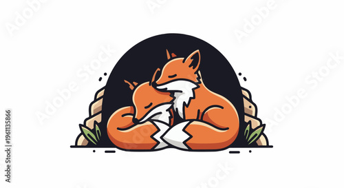 Two cute foxes cuddling together, nestled in a dark den