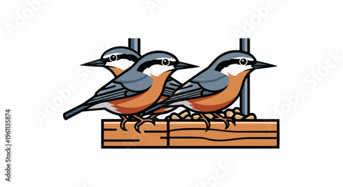 Three small birds perched on a feeder, enjoying seeds