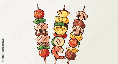 Three skewers of grilled food meat, shrimp, pineapple, and vegetables