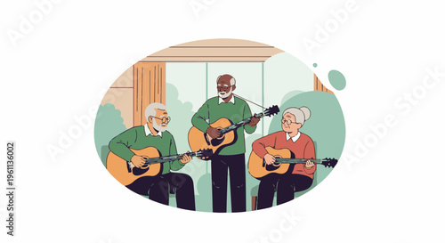Three seniors enjoying a casual guitar session outdoors