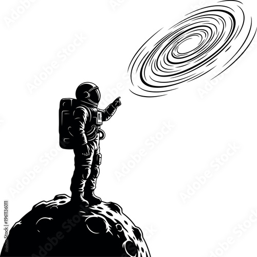 Astronaut standing on asteroid looking at spiral galaxy illustration