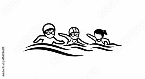 Three stylized figures in swimming caps and goggles swim