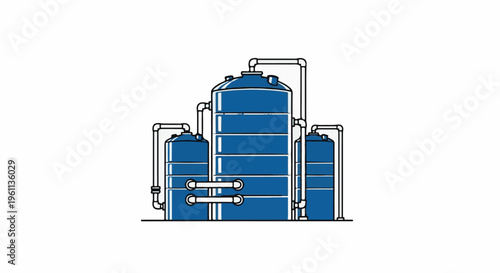 Three tall blue industrial storage tanks with connecting pipes and platforms