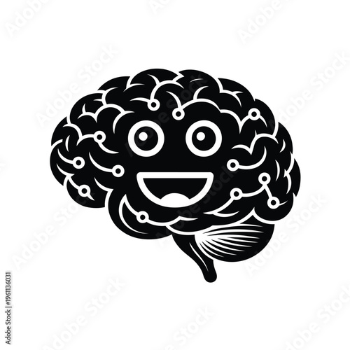 A smiling human brain depicted with integrated circuit connections