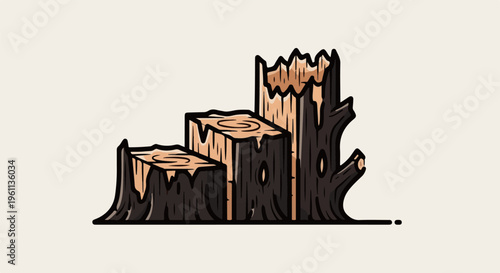 Three stylized tree stumps of varying heights arranged in a step-like pattern
