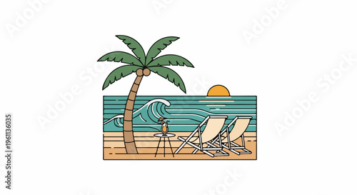 Tropical beach scene with palm, waves, chairs, and drink