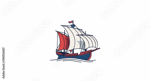 Stylized illustration of a historic sailing ship with red and white sails