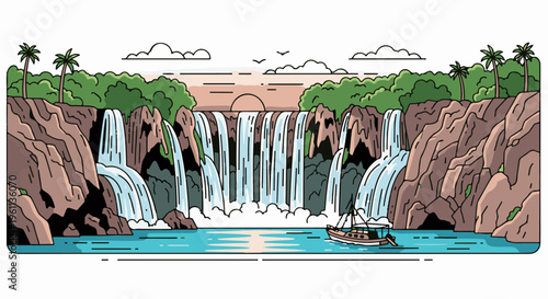 Tropical cascading waterfalls meet a serene blue river with a boat