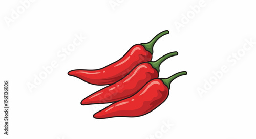 Three vibrant red chili peppers with green stems, artistically rendered