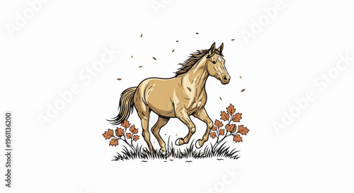Tan horse gallops through autumnal foliage and grass