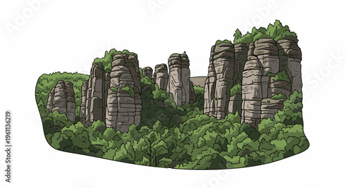 Tall, weathered rock spires pierce a dense, green forest canopy